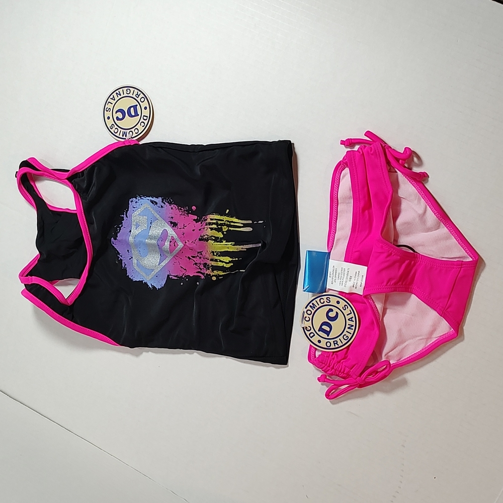 6/6X Tankini Little Girl Superman Bikini Neon Pink Black DC Comics NWT